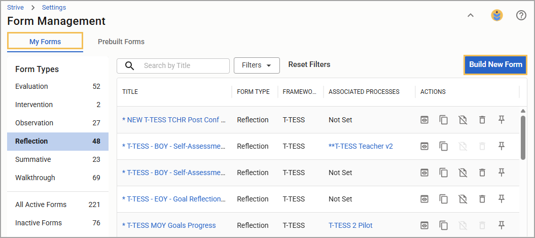 Form management interface displaying the ability to build a new form.